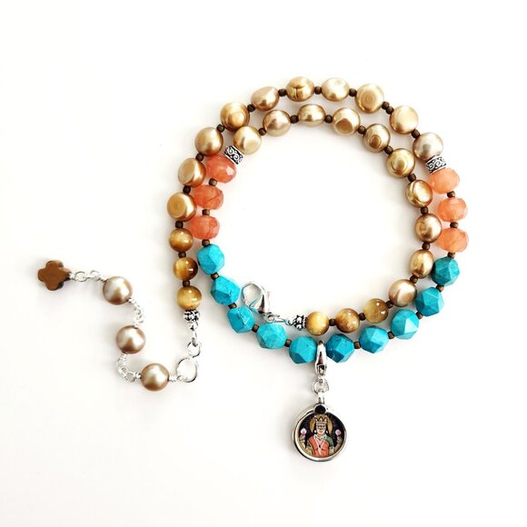 TURQUOISE MIXED SEMI-PRECIOUS GEMSTONE NECKLACE W/ MINI 925 GODDESS PENDANT - Picture 1 of 2